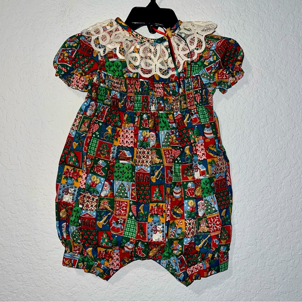Vintage Allison Ann Christmas patchwork smocked bubble infant romper